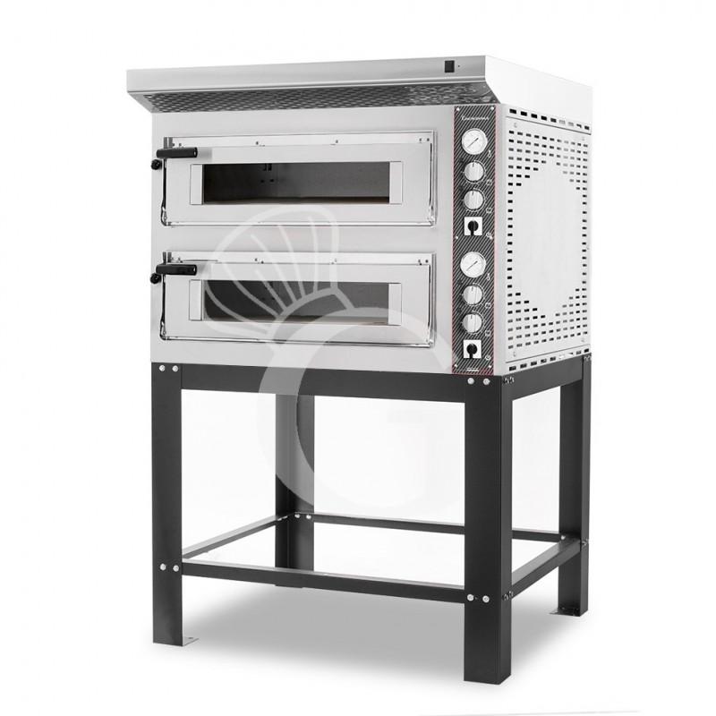 Horno eléctrico de 2 cámaras para 4+4 pizzas Ø 350 mm, control mecánico, con campana inox y soporte