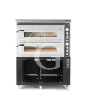 Horno eléctrico de 2 cámaras para 6+6 pizzas Ø 350 mm, control mecánico, con campana inox y cámara de fermentación negra