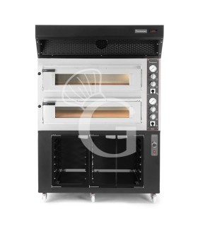 Horno eléctrico 2 cámaras  6+6 pizzas Ø 350 mm, control mecánico, con campana de condensación negra y cámara fermentación negra