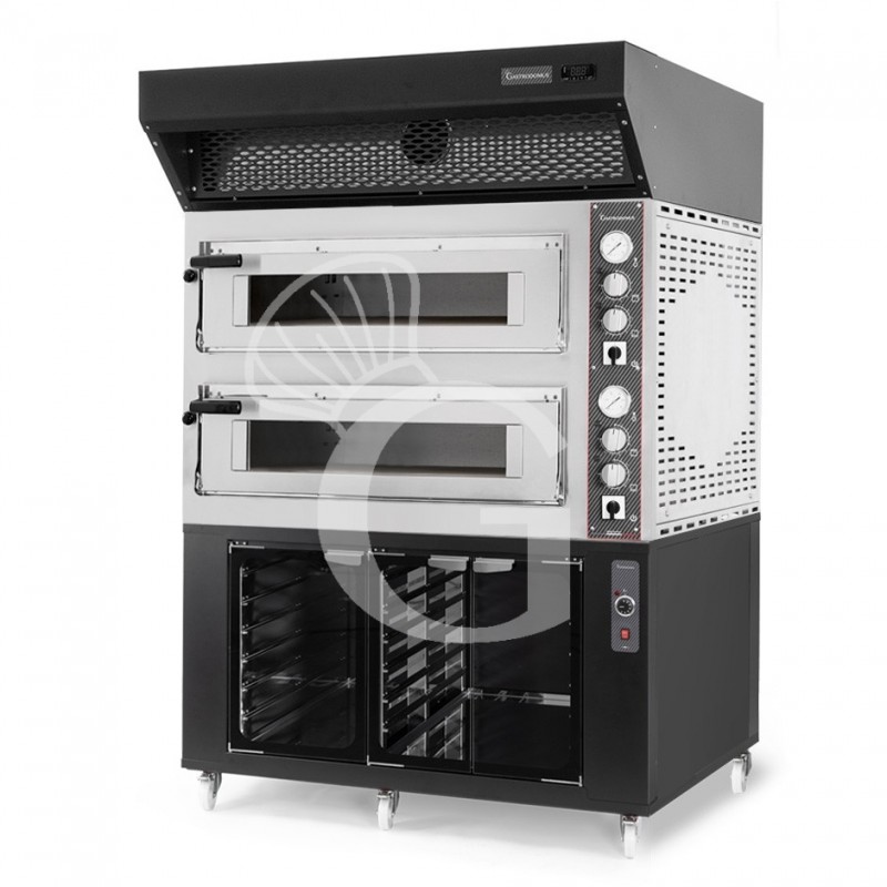 Horno eléctrico 2 cámaras  6+6 pizzas Ø 350 mm, control mecánico, con campana de condensación negra y cámara fermentación negra