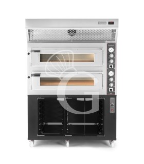 Horno eléctrico 2 cámaras 6+6 pizzas Ø 350 mm, control mecánico, campana de condensación inox y cámara de fermentación negra