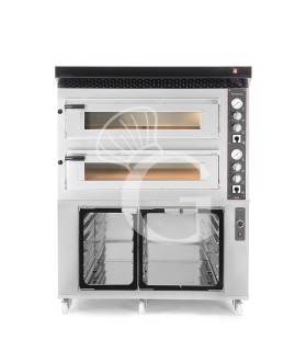 Horno eléctrico de 2 cámaras para 6+6 pizzas Ø 350 mm, control mecánico, con campana negra y cámara de fermentación  inox
