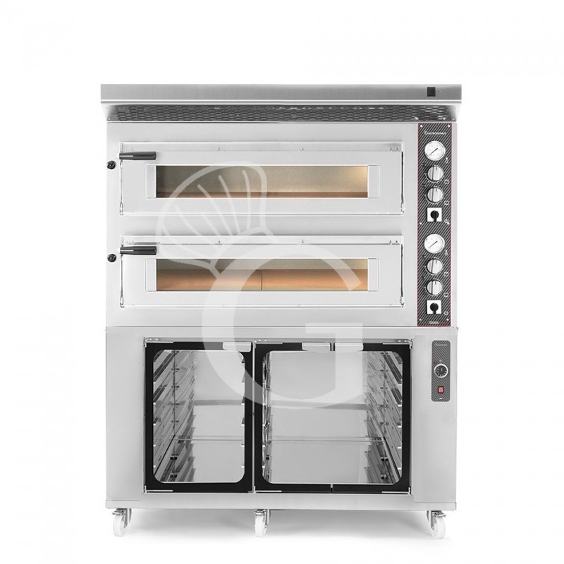 Horno eléctrico de 2 cámaras para 6+6 pizzas Ø 350 mm, control mecánico, con campana inox y cámara fermentación inox