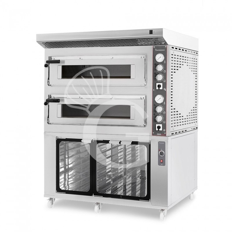 Horno eléctrico de 2 cámaras para 6+6 pizzas Ø 350 mm, control mecánico, con campana inox y cámara fermentación inox