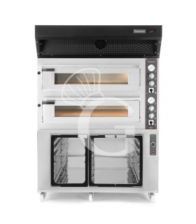 Horno eléctrico de 2 cámaras 6+6 pizzas Ø 350 mm, control mecánico, campana de condensación negra y cámara de fermentación inox