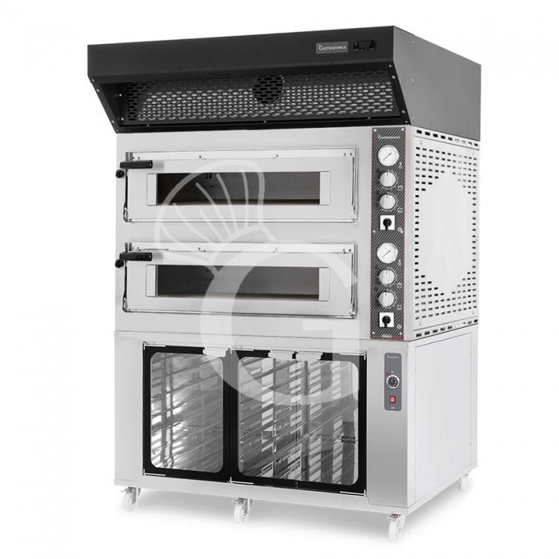 Horno eléctrico de 2 cámaras 6+6 pizzas Ø 350 mm, control mecánico, campana de condensación negra y cámara de fermentación inox
