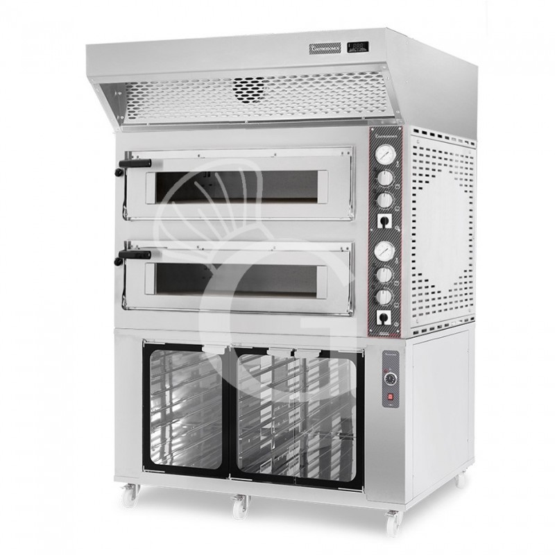 Horno eléctrico de 2 cámaras 6+6 pizzas Ø 350 mm, control mecánico, con campana de condensación inox y cámara fermentación inox