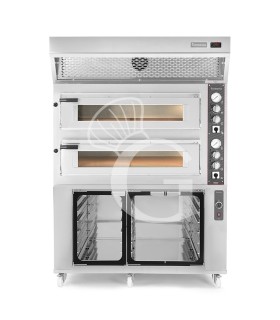Horno eléctrico de 2 cámaras 6+6 pizzas Ø 350 mm, control mecánico, con campana de condensación inox y cámara fermentación inox