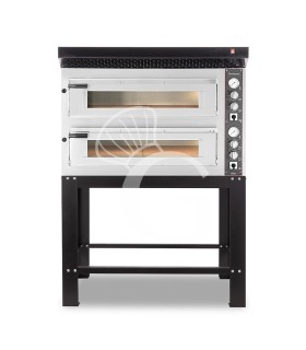 Horno eléctrico de 2 cámaras para 6+6 pizzas Ø 350 mm, control mecánico, con campana negra y soporte
