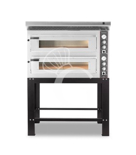 Horno eléctrico de 2 cámaras para 6+6 pizzas Ø 350 mm, control mecánico, con campana inox y soporte