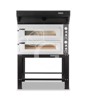 Horno eléctrico de 2 cámaras para 6+6 pizzas Ø 350 mm, control mecánico, con campana de condensación negra y soporte
