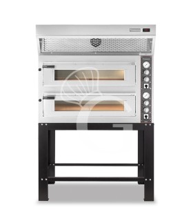 Horno eléctrico de 2 cámaras para 6+6 pizzas Ø 350 mm, control mecánico, con campana de condensación inox y soporte