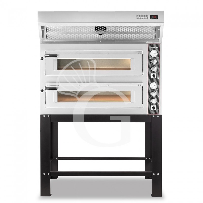 Horno eléctrico de 2 cámaras para 6+6 pizzas Ø 350 mm, control mecánico, con campana de condensación inox y soporte