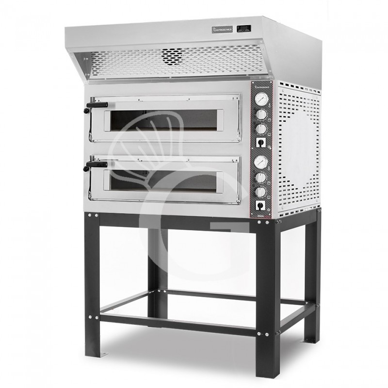 Horno eléctrico de 2 cámaras para 6+6 pizzas Ø 350 mm, control mecánico, con campana de condensación inox y soporte