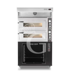 Horno eléctrico de 2 cámaras 4+4 pizzas Ø 350 mm, control mecánico, con campana condensación inox y cámara fermentación negra
