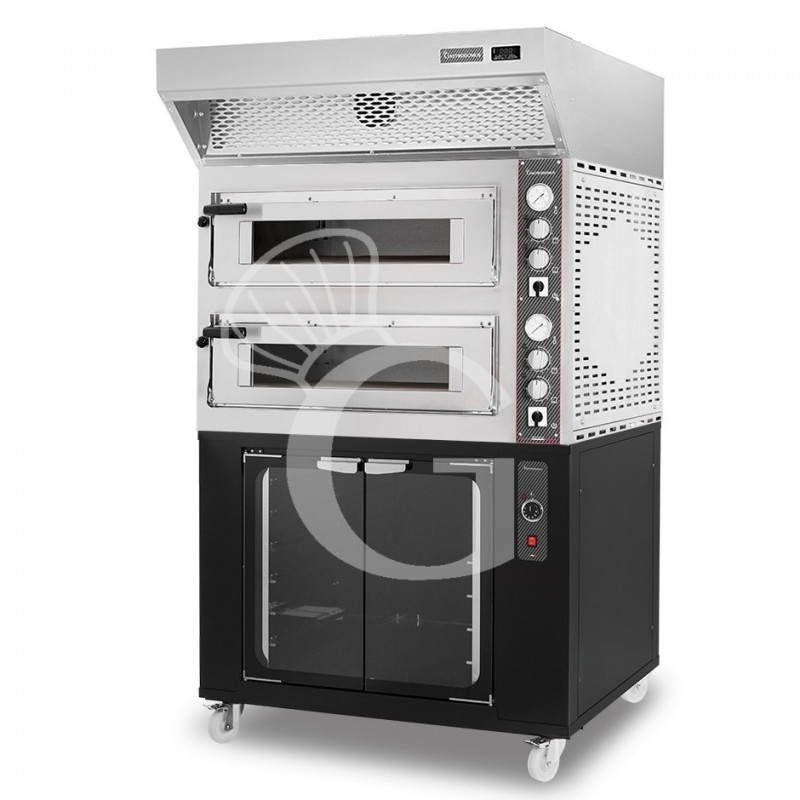 Horno eléctrico de 2 cámaras 4+4 pizzas Ø 350 mm, control mecánico, con campana condensación inox y cámara fermentación negra