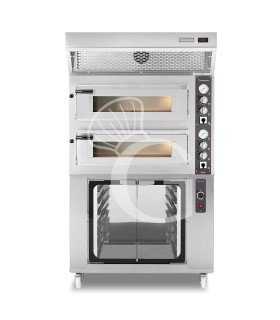 Horno eléctrico 2 cámaras 4+4 pizzas Ø 350 mm, control mecánico, con campana de condensación inox y cámara fermentación inox