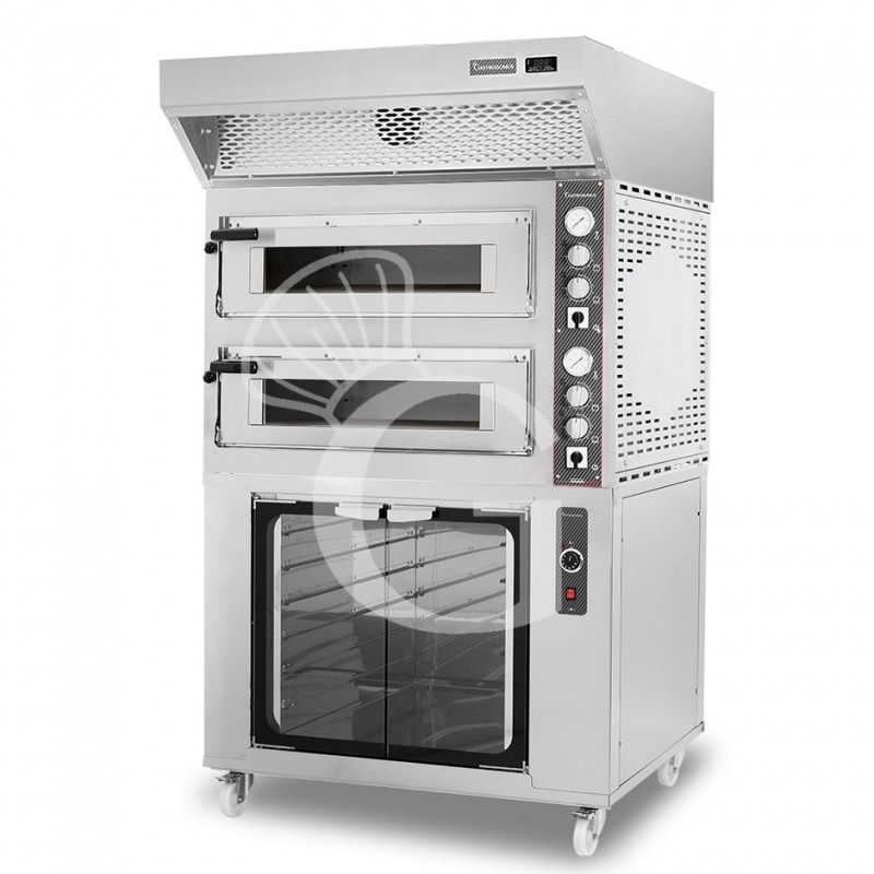 Horno eléctrico 2 cámaras 4+4 pizzas Ø 350 mm, control mecánico, con campana de condensación inox y cámara fermentación inox