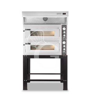 Horno eléctrico de 2 cámaras para 4+4 pizzas Ø 350 mm, control mecánico, con campana de condensación inox y soporte