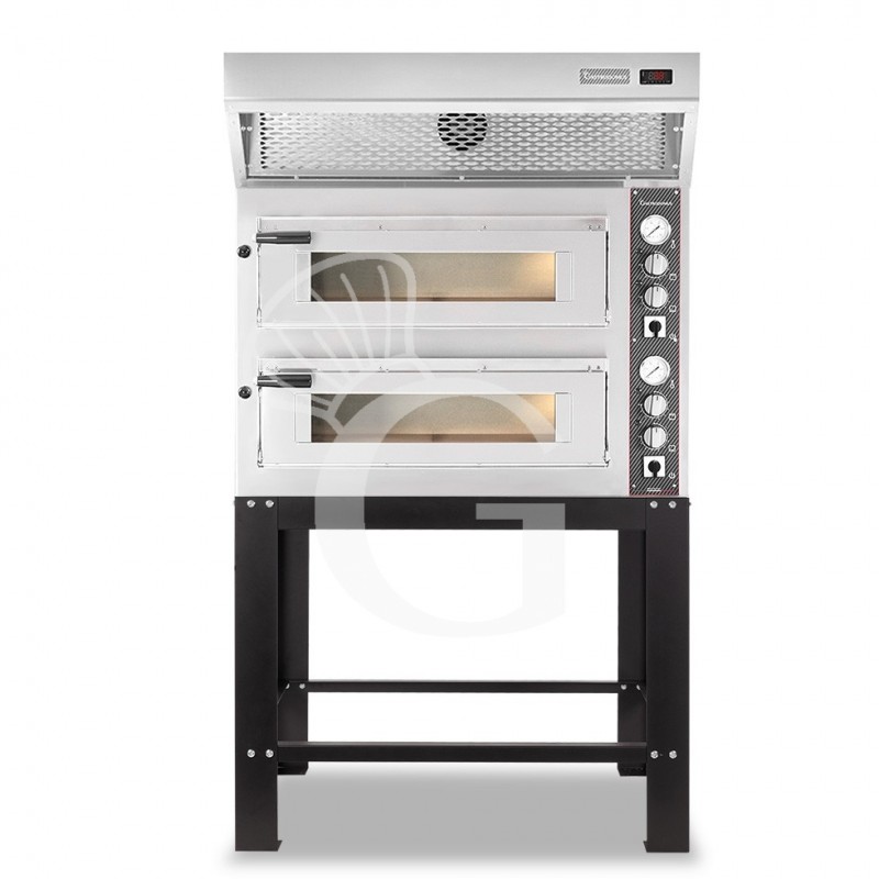 Horno eléctrico de 2 cámaras para 4+4 pizzas Ø 350 mm, control mecánico, con campana de condensación inox y soporte