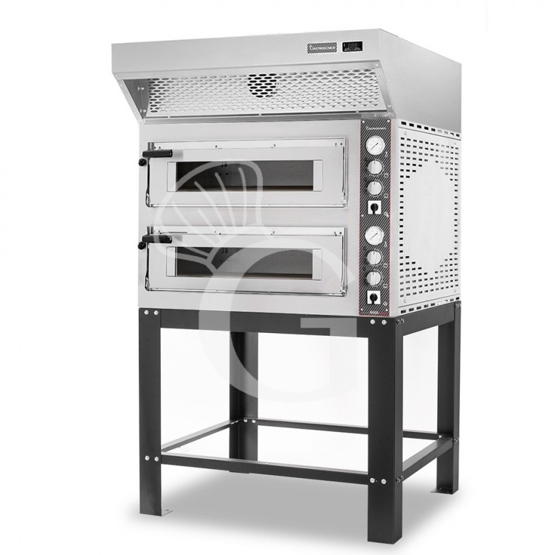 Horno eléctrico de 2 cámaras para 4+4 pizzas Ø 350 mm, control mecánico, con campana de condensación inox y soporte