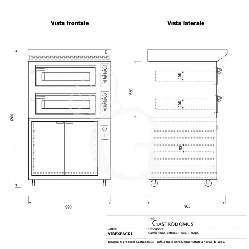 Horno eléctrico 2 cámaras 4+4 pizzas Ø 350 mm, control mecánico con campana negra y cámara de fermentación