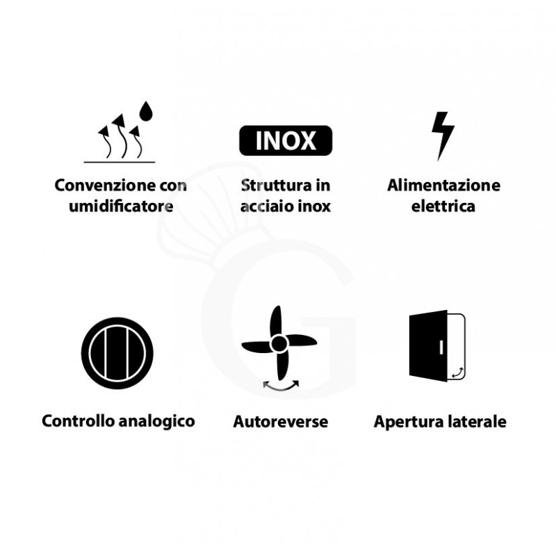 Horno eléctrio convección con humidificador, puerta apertura lateral, mandos mecánicos, trifásico, 4 bandejas 600x400 mm o GN1/1