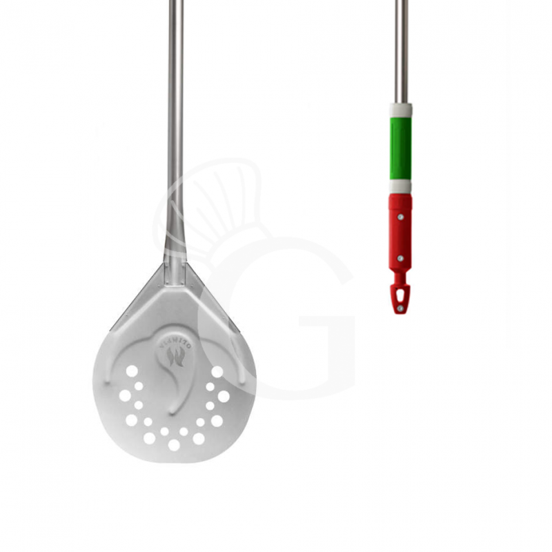 Pala para Pizza para cocinar perforada de titanio Ø 230 mm  h 1350 mm. Empuñadura tricolor