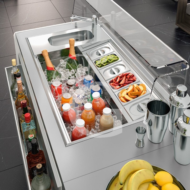 Mostrador para cócteles sobre ruedas con frontal de melamina L 1500 x P 682 x H 950 mm