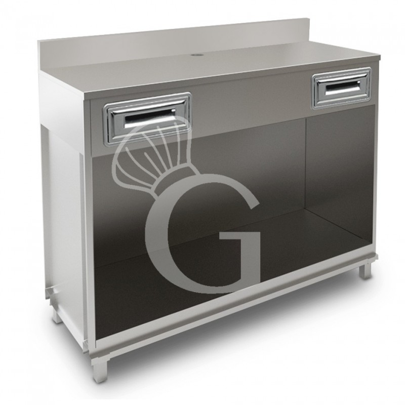 Mueble cafetero con cajones y sobre de acero inoxidable con peto - L 1500 mm x P 560 mm x H 1224 mm