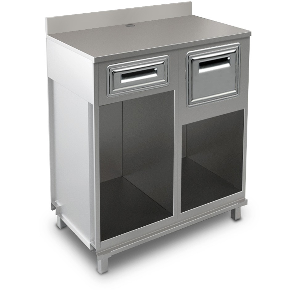 Mueble cafetero con cajón, tolva y sobre de acero inoxidable con peto - L 1000 mm x P 560 mm x H 1224 mm
