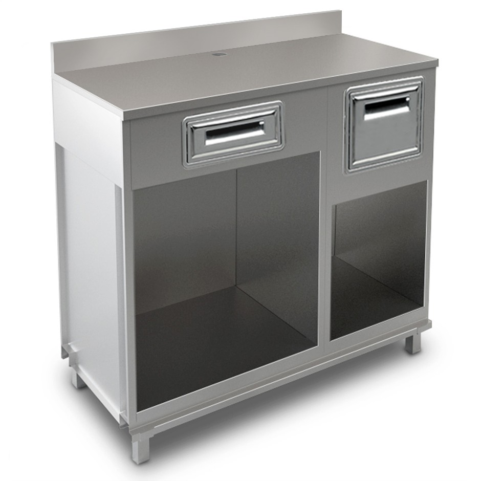Mueble cafetero con cajón, tolva y sobre de acero inoxidable con peto - L 1250 mm x P 560 mm x H 1224 mm