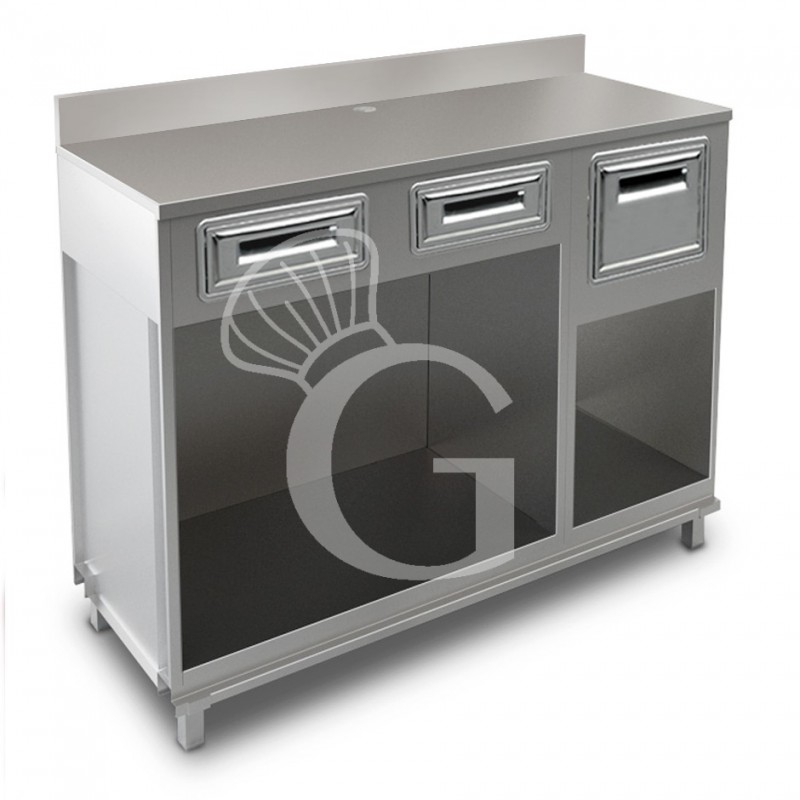 Mueble cafetero con cajones,  tolva y sobre de acero inoxidable con peto - L 1500 mm x P 560 mm x H 1224 mm