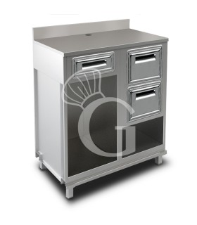Mueble cafetero con cajón, 2 tolvas y sobre de acero inoxidable con peto - L 1000 mm x P 560 mm x H 1224 mm