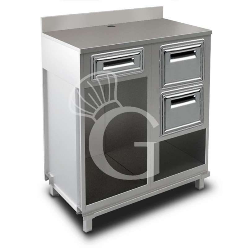 Mueble cafetero con cajón, 2 tolvas y sobre de acero inoxidable con peto - L 1000 mm x P 560 mm x H 1224 mm Mueble cafetero con cajón, 2 tolvas y sobre de acero inoxidable con peto - L 1000 mm x P 560 mm x H 1224 mm