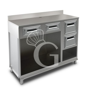 Mueble cafetero con cajones, 2 tolvas y sobre de acero inoxidable con peto - L 1500 mm x P 560 mm x H 1224 mm