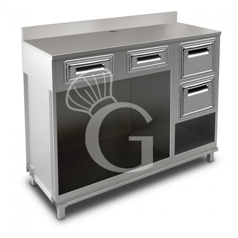 Mueble cafetero con cajones, 2 tolvas y sobre de acero inoxidable con peto - L 1500 mm x P 560 mm x H 1224 mm