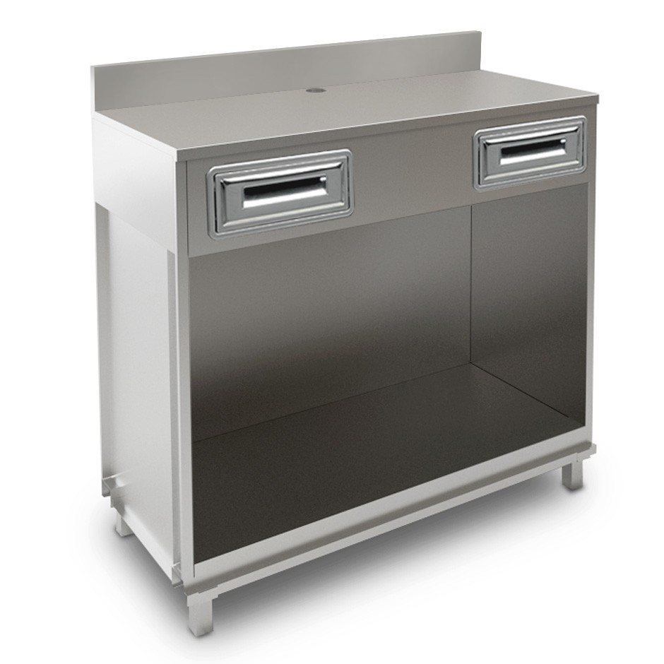 Mueble cafetero con cajones y sobre de acero inoxidable con peto - L 1250 mm x P 680 mm x H 1224 mm