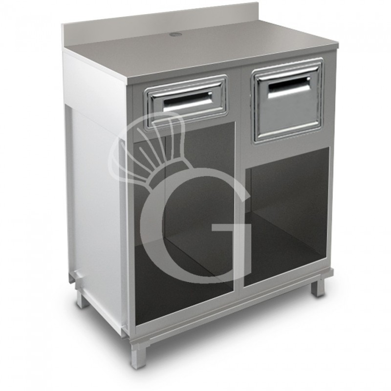 Mueble cafetero con cajón,  tolva y sobre de acero inoxidable con peto - L 1000 mm x P 580 mm x H 1224 mm