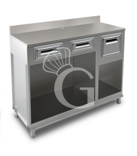 Mueble cafetero con cajones,  tolva y sobre de acero inoxidable con peto - L 1500 mm x P 680 mm x H 1224 mm