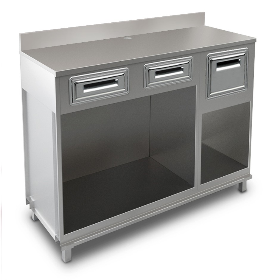 Mueble cafetero con cajones,  tolva y sobre de acero inoxidable con peto - L 1500 mm x P 680 mm x H 1224 mm