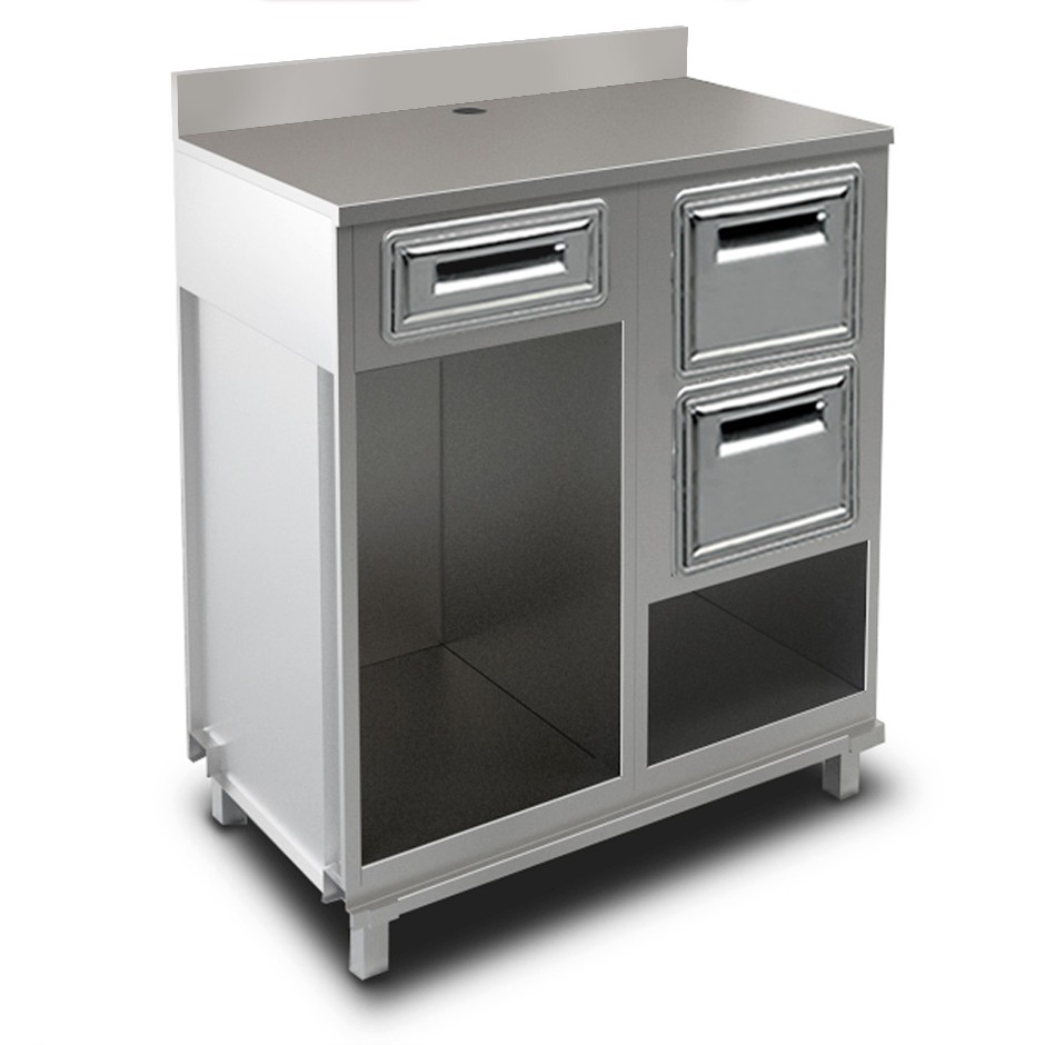 Mueble cafetero con cajón, tolva con reserva y sobre de acero inoxidable con peto - L 1000 mm x P 680 mm x H 1224 mm