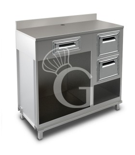 Mueble cafetero con cajón, tolva con reserva y sobre de acero inoxidable con peto - L 1250 mm x P 680 mm x H 1224 mm