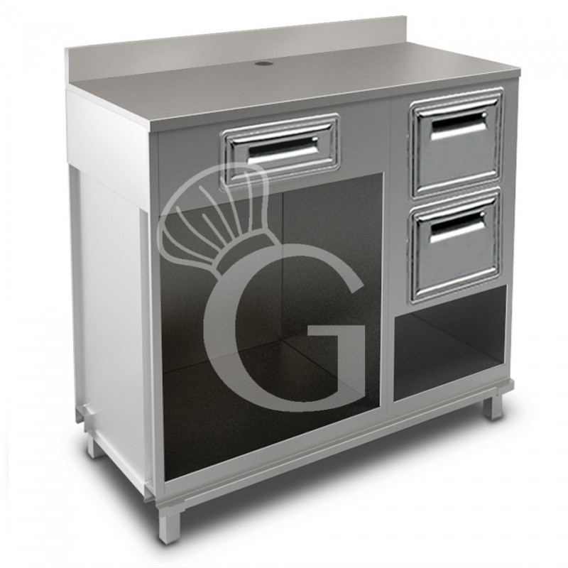 Mueble cafetero con cajón, tolva con reserva y sobre de acero inoxidable con peto - L 1250 mm x P 680 mm x H 1224 mm