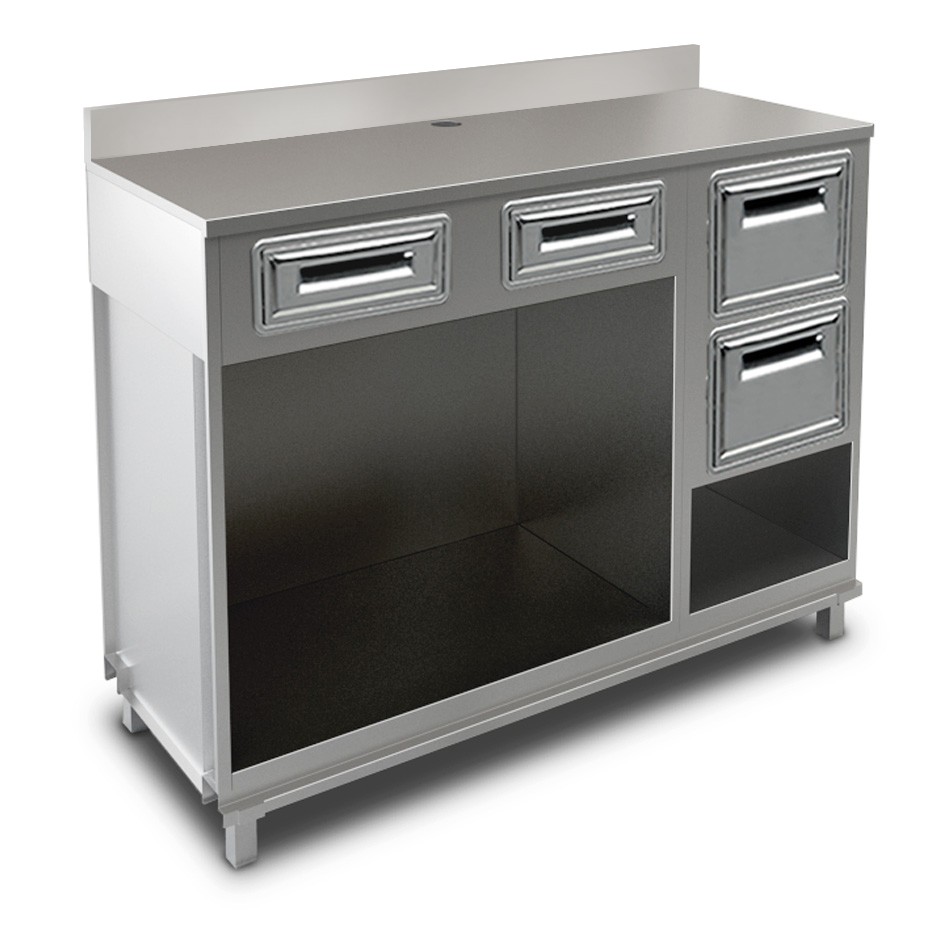 Mueble cafetero con cajones, tolva con reserva y sobre de acero inoxidable con peto - L 1500 mm x P 680 mm x H 1224 mm