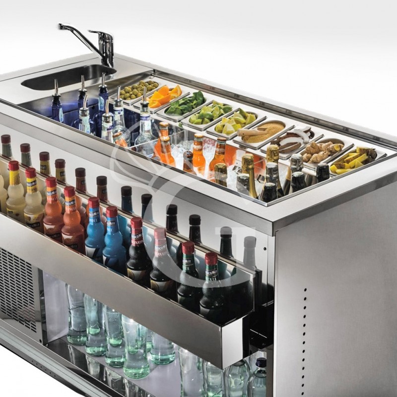 Barra para cócteles sobre ruedas con frontal aguamarina L 1000 x P 682 x H 950 mm