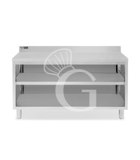 Mesa contrabarra de acero inoxidable con 2 estantes y peto trasero L 1900 mm x P 700 mm x A 965 mm