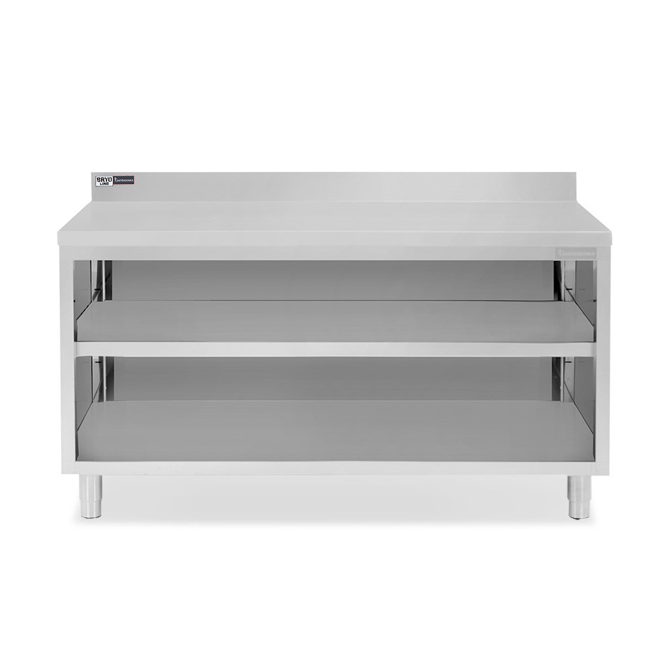 Mesa contrabarra de acero inoxidable con 2 estantes y peto trasero L 1900 mm x P 700 mm x A 965 mm
