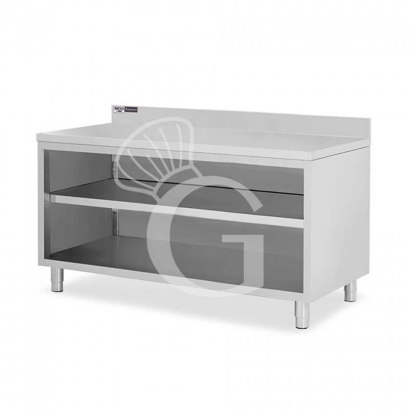 Mesa contrabarra de acero inoxidable con 2 estantes y peto trasero L 1900 mm x P 700 mm x A 965 mm