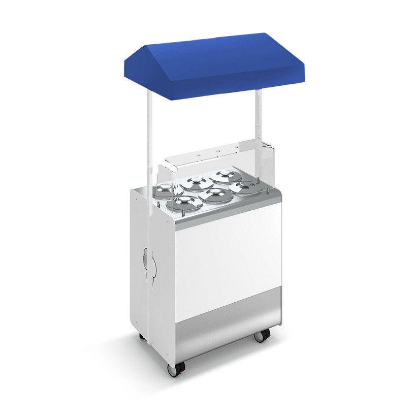 Vitrina helados ventilada, ruedas Joy 6 cubetas cilíndricas  con reserva,  toldo telescópico azul,  L 866 x P 856 x H 2170 mm